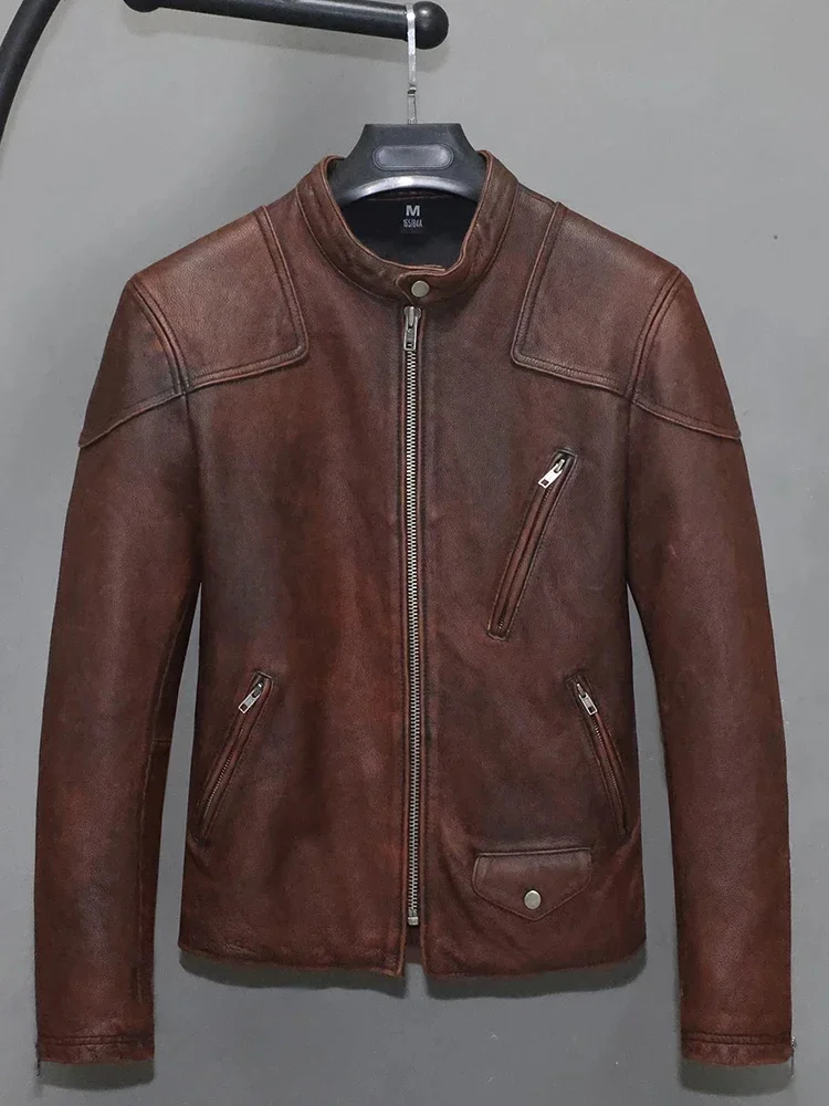 Vintage Men's Spring and Autumn Fall Coat Genuine Cowhide Leather Jacket for Male Motorcyclist Biker Outerwear Brown XXXL 3XL