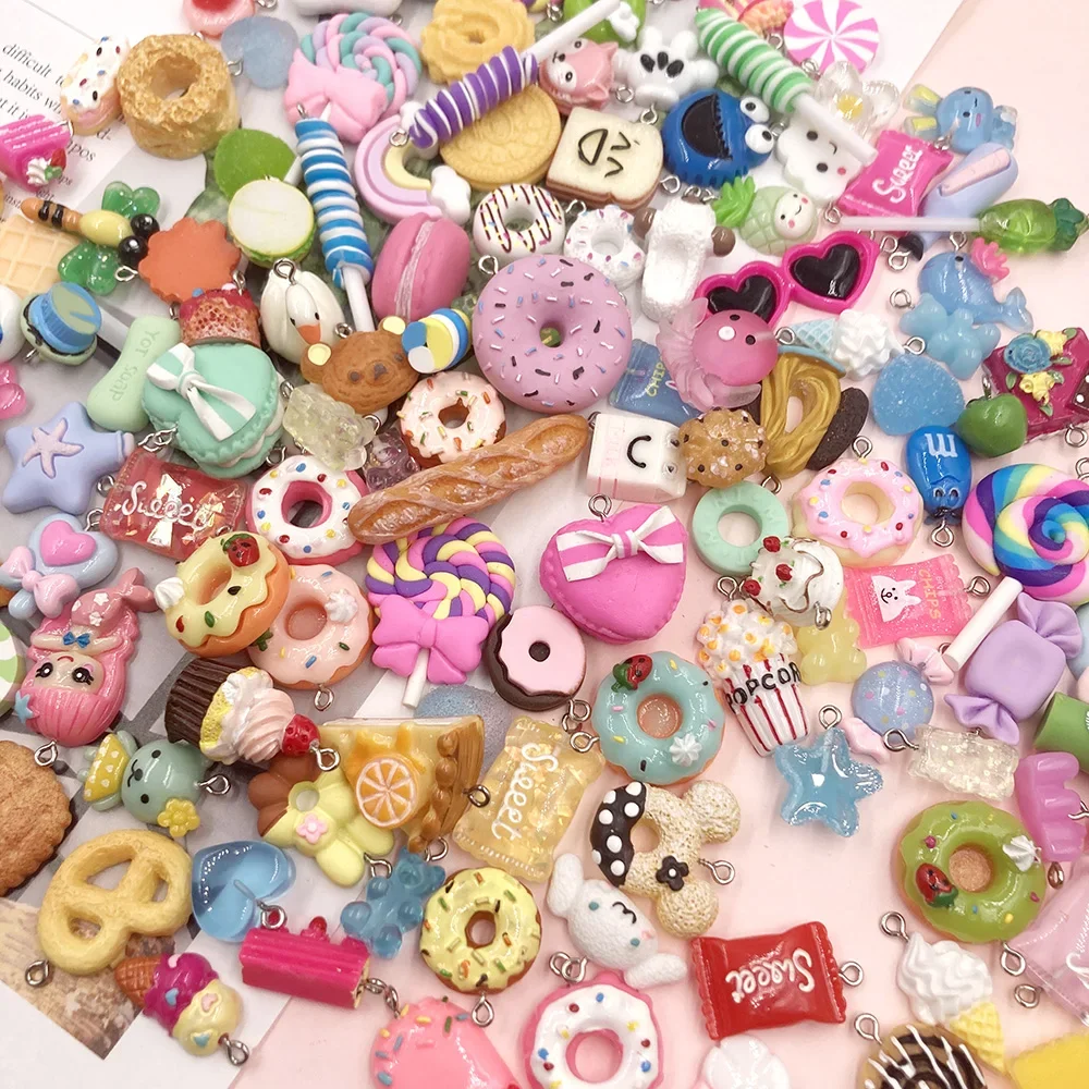 100Pcs Mixed Candy Cookies Donuts Luck Bags Resin Charms Flat back Cabochon for Necklace Earrings Jewelry Making Accessories