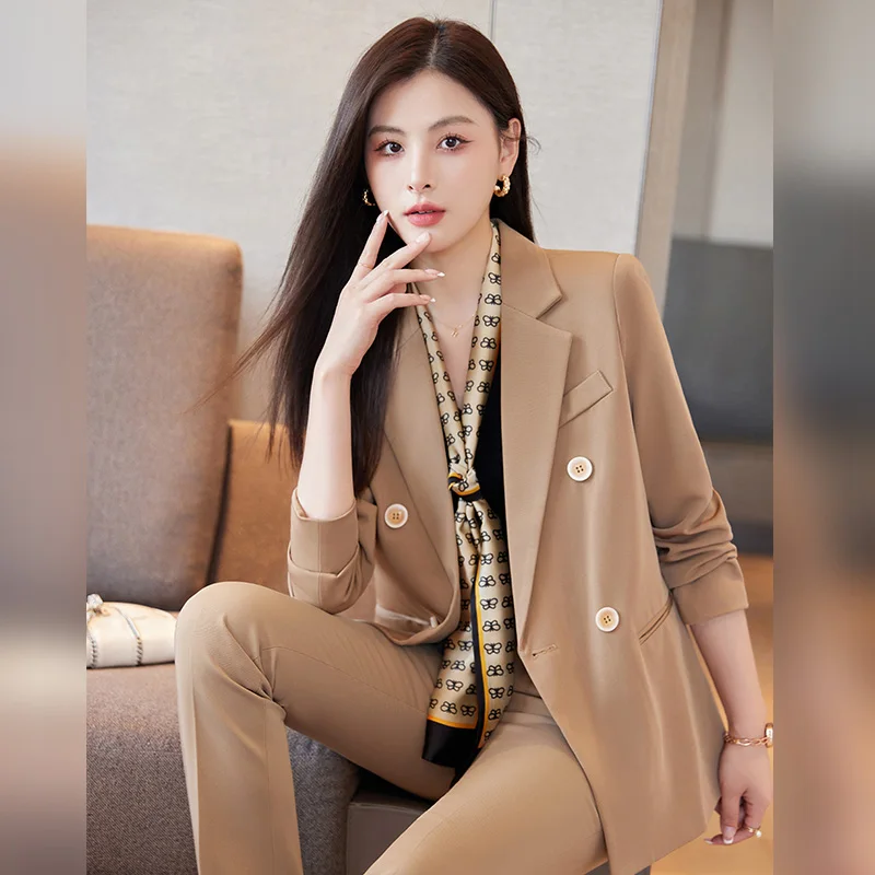 Women's Fall/Winter Retro Casual Cropped Blazer Pants Set Commuter Solid Color Loose Double-breasted Suit Trousers Two-piece Set