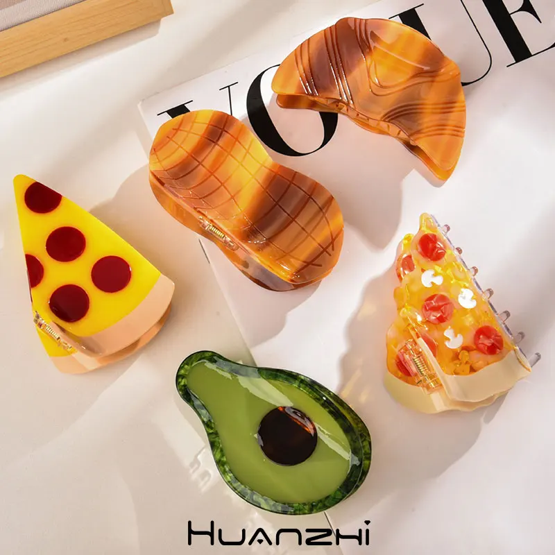 Cute Creativity Unique Fruit Avocado Cheese Pizza Peanut Croissant Hair Claw for Women Girl Hair Clip HUANZHI 2024 NEW Headwear