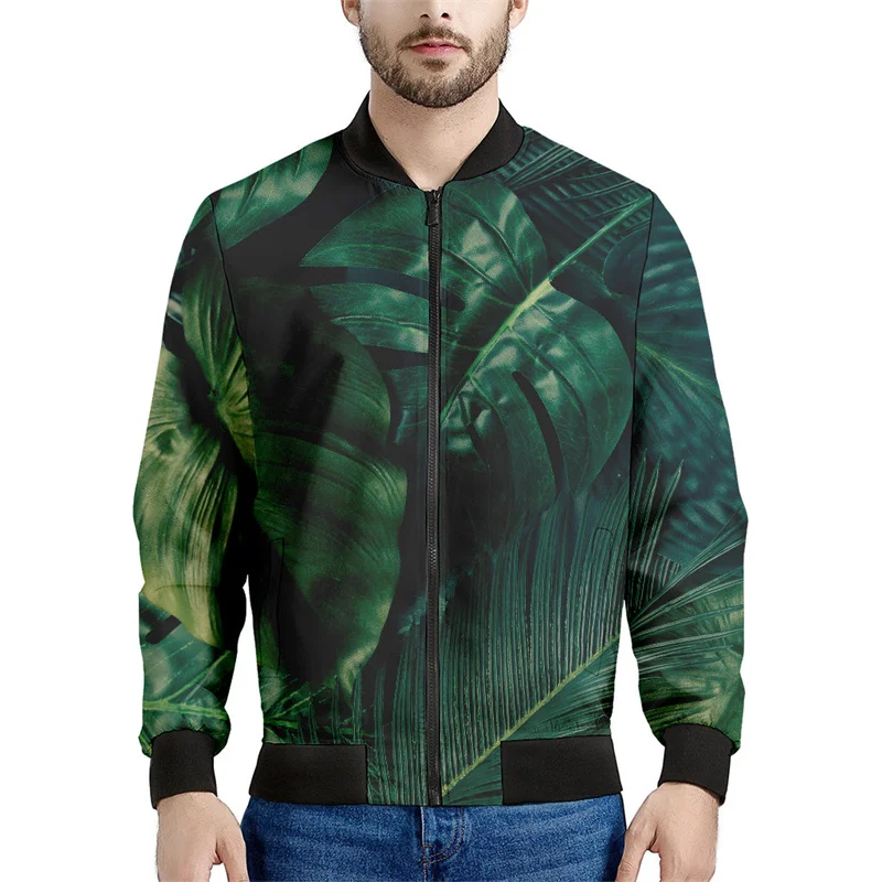 Jaqueta gráfica masculina de folhas tropicais de árvores, plantas impressas em 3D, casaco casual, moletom bombardeiro com zíper, primavera, outono