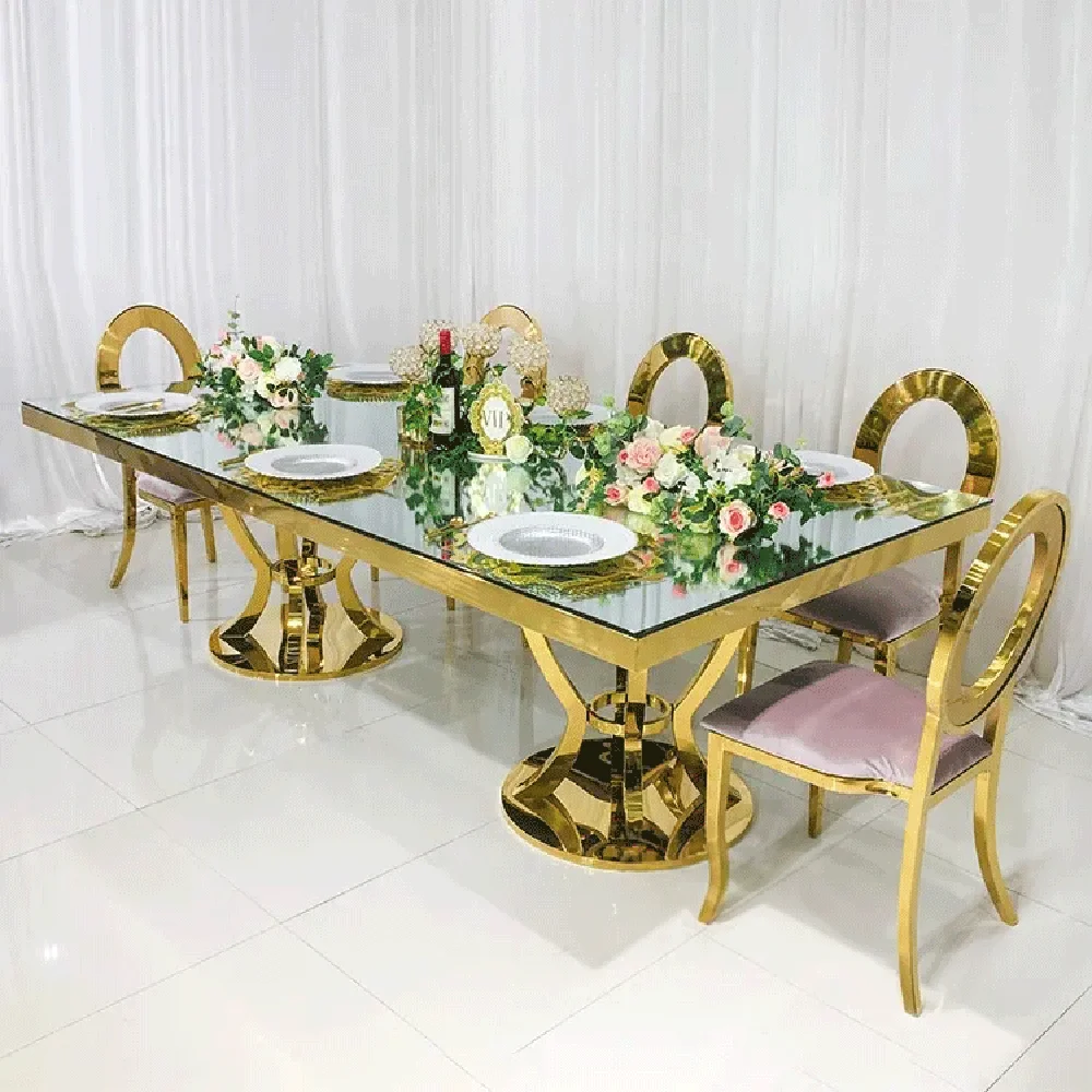 luxury wedding furniture glass top stainless steel gold retractable dining table set 8 seater luxury