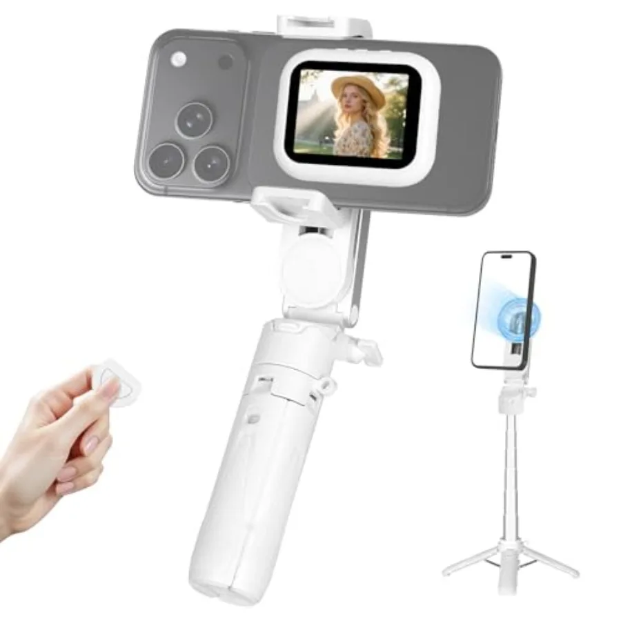 

Vlogging kit for iPhone Android: aluminum magnetic selfie stick tripod with selfie monitor black 360 rotatable stand and wirele