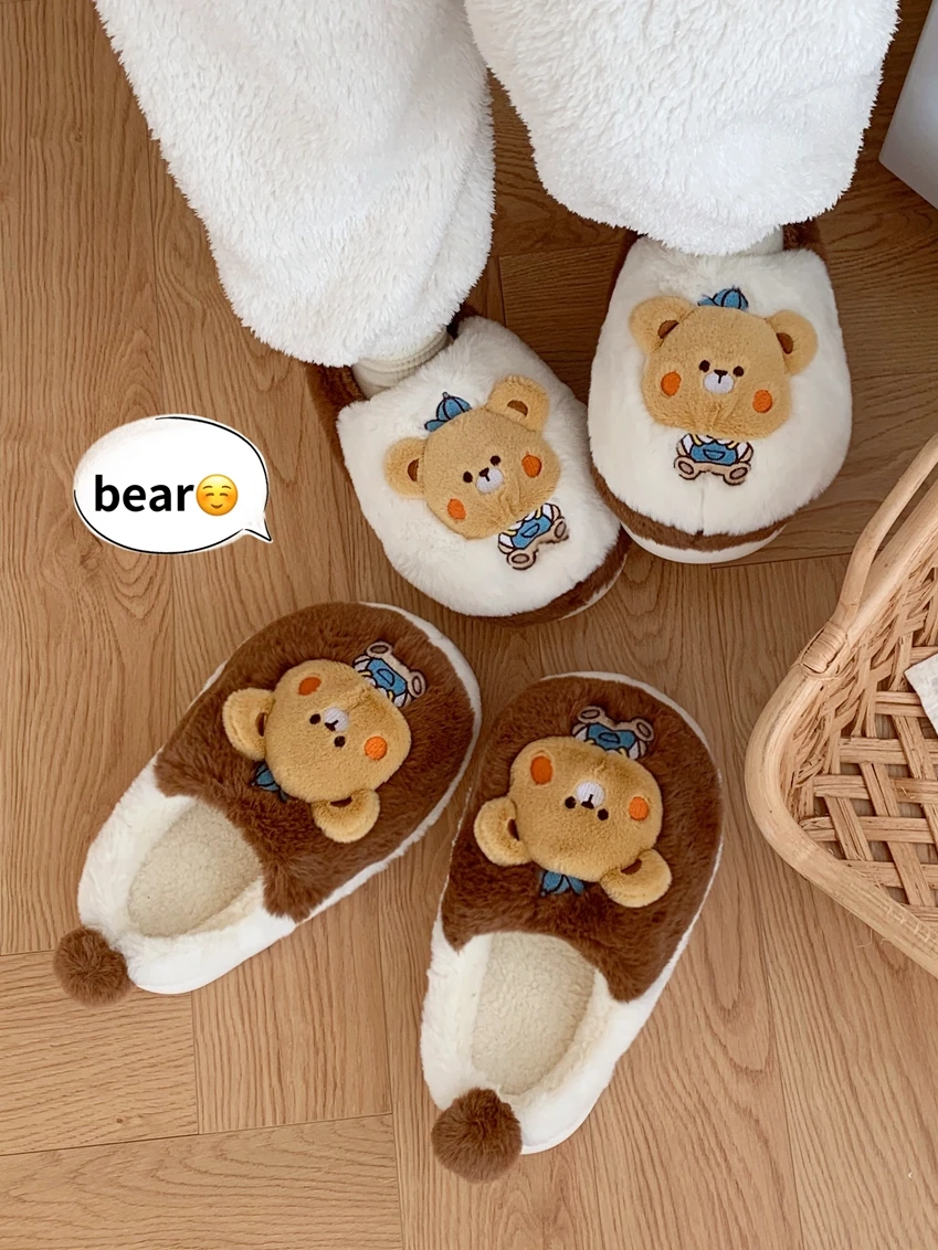 

Women Man Home Slipperl Warm Cotton Slippers Couple Winter Indoor Home Cute Bear Fury Baby Slipper For Boys Girls Shoes