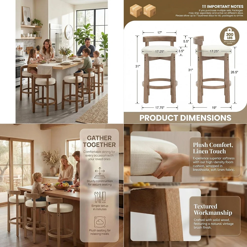 

Modern Linen Counter Stools Set of 5, Upholstered 26.5 Counter Height Barstools with Natural Wood Legs Mid Century Round Island