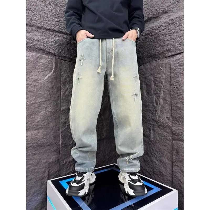 

Мужские джинсы в американском стиле, винтажные, с дырками, прямые, свободные, с завышенной талией, молодежные, уличные, зауженные к низу