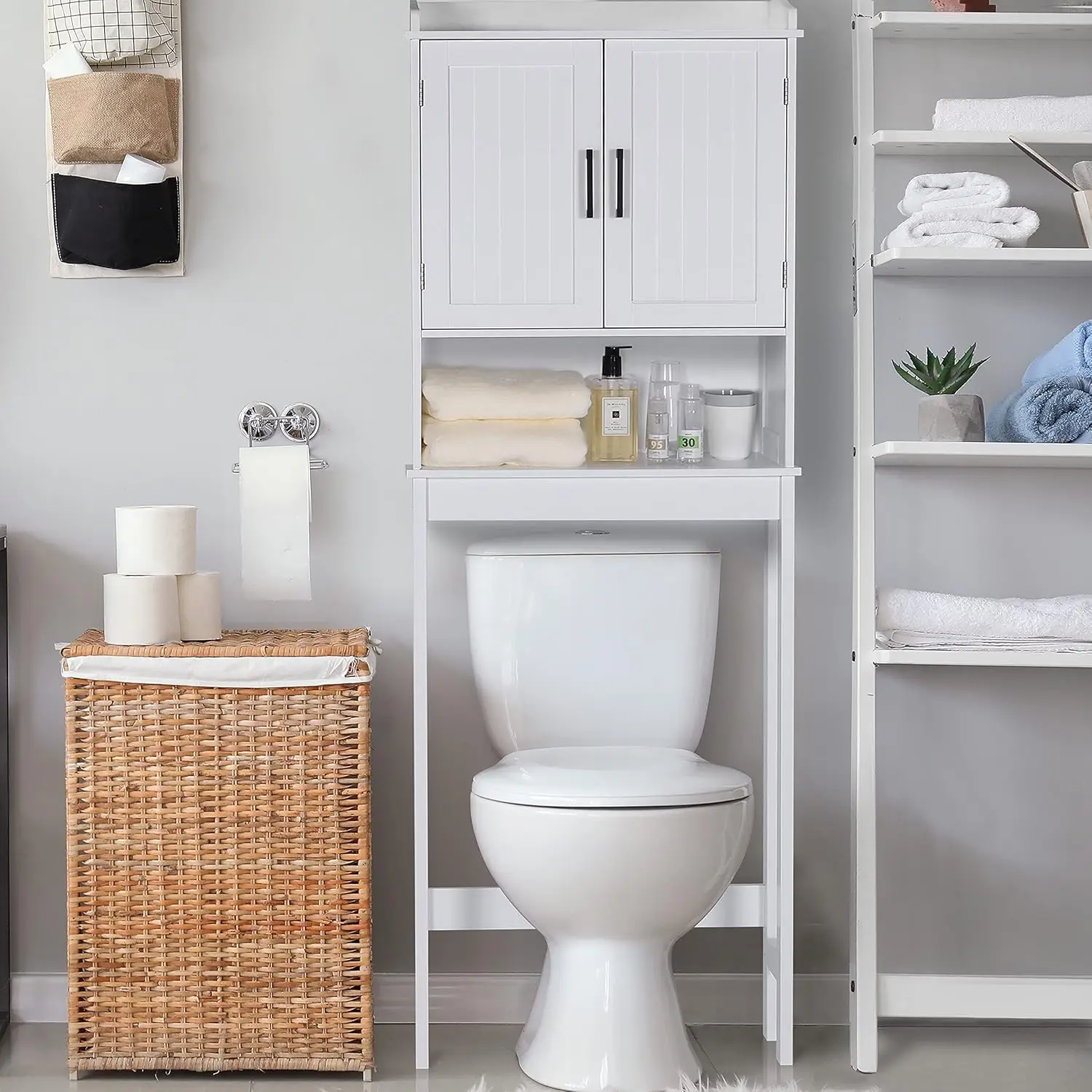 

Bathroom Over-The-Toilet Storage Cabinet Organizer with Shelves and Doors, Small Freestanding Toilet Shelf Space Saver