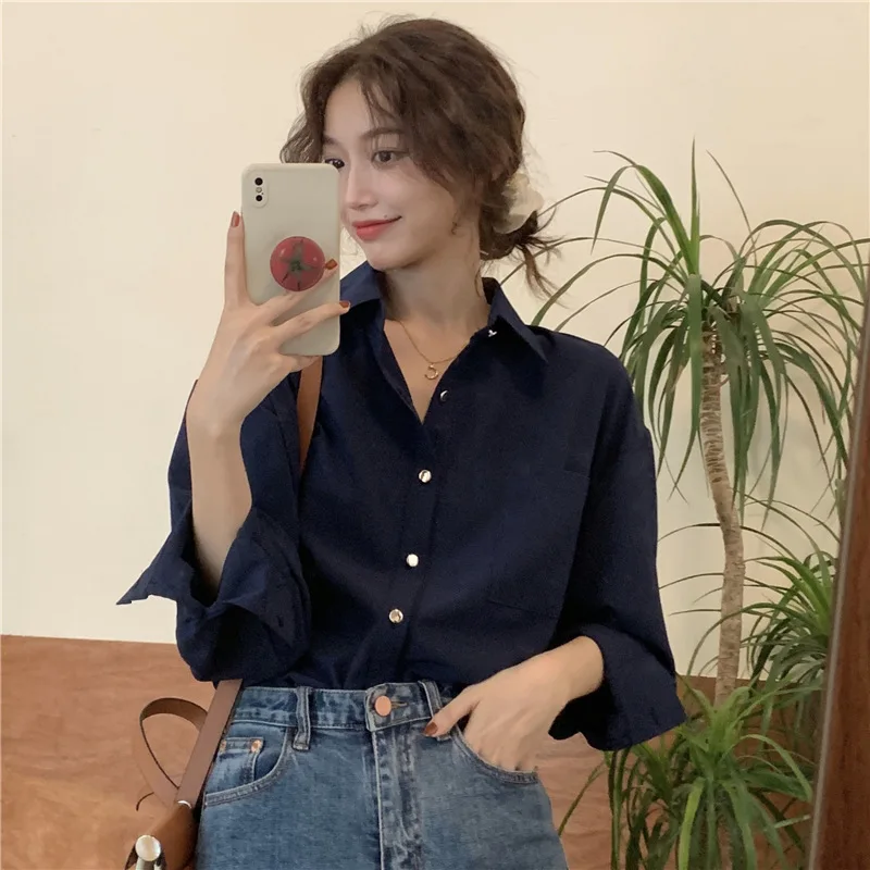 Retro Metal Buckle Solid Color Casual Shirt Top Versatile Loose Long Sleeved Temperament Shirt