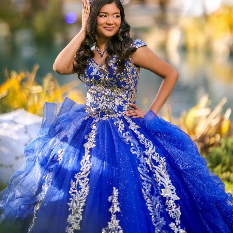 

Blue Quinceanera Dresses Off the Shoulder Golden Glitter Crystal Layering Decal Long tail Vestido e 15 Quinceanera Customize