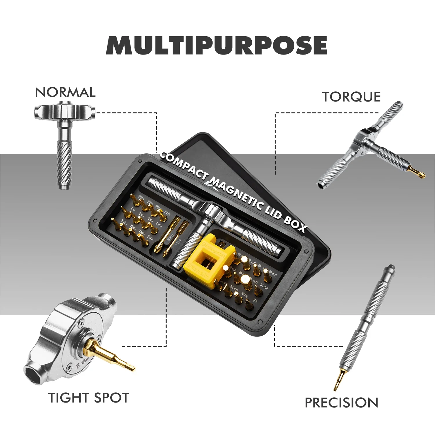 

Набор отверток с храповым механизмом RS1 Pro 24-в-1 S2, стальные магнитные биты и алюминиевая ручка, инструмент для ремонта iPhone/ПК с коробкой для хранения