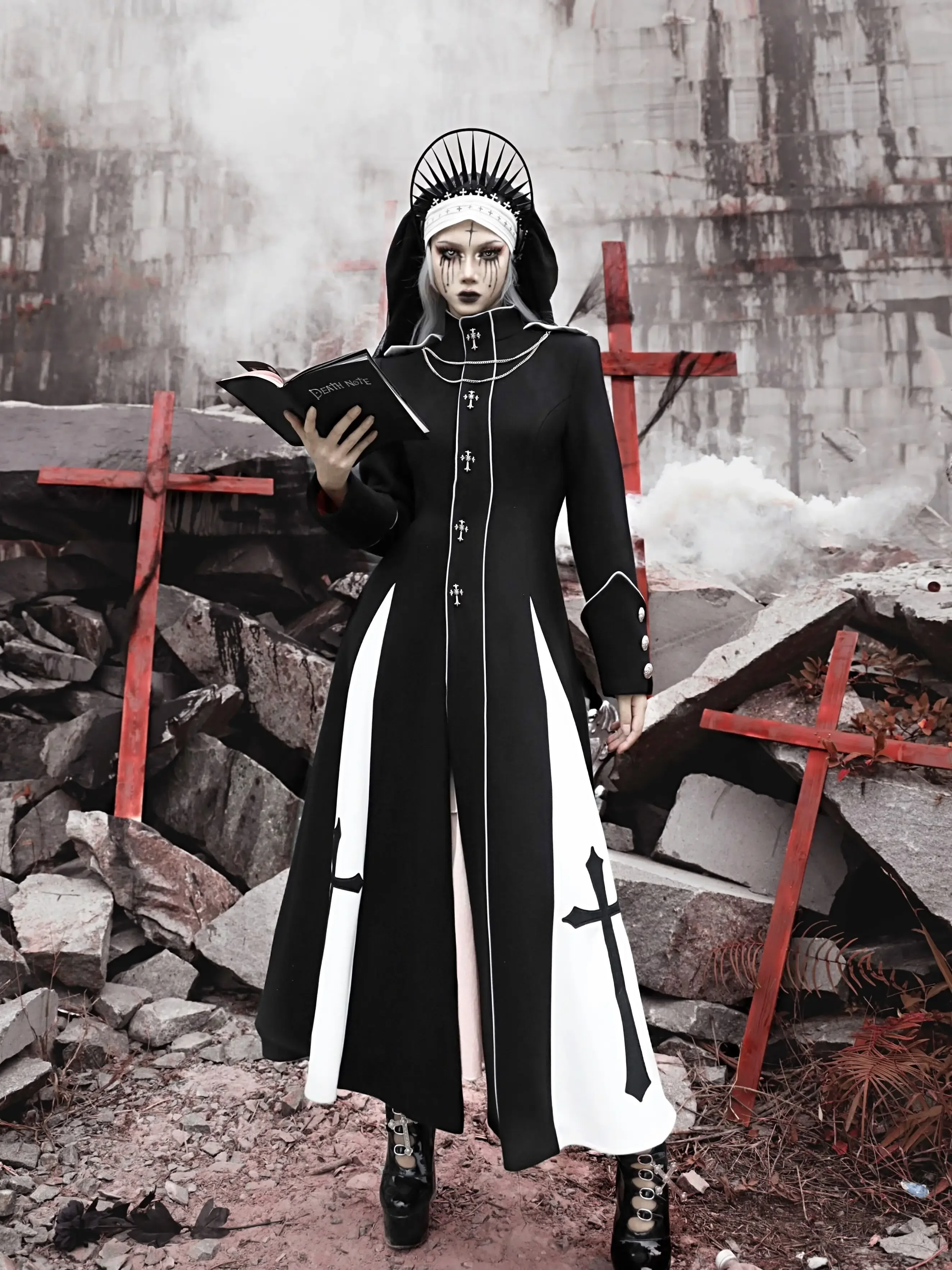 Blood Supply Nun Gothic Black Blends X-long Cross Patch Slim A-line Wool Blends Autumn Women Clothing Outwear