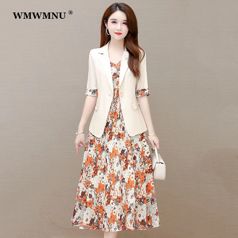 Summer Casual Floral Dress Suits Women 2 Piece Set Korean Thin Half Sleeve Blazer Jacket + Sleeveless Chiffon Tank Dress Outfits