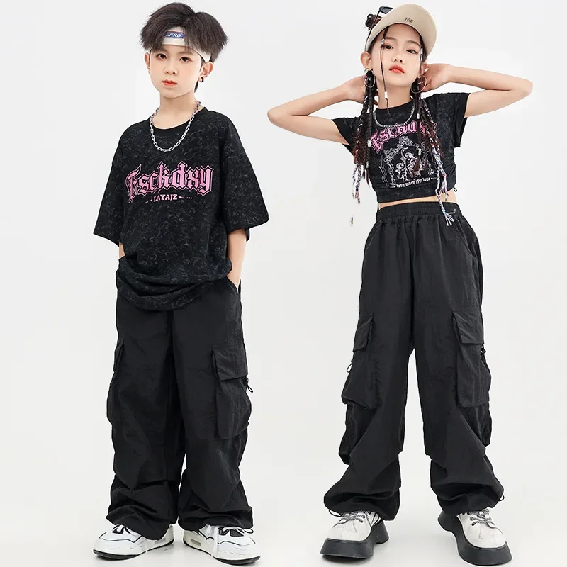 Cargo Pants for Girl Boy Jazz Dance Costume Clothes Kid Cool Hip Hop Black Letters Print Oversized T Shirt Top Casual Drawstring