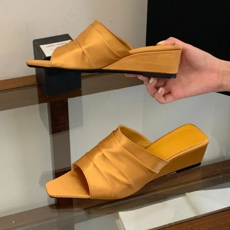 Aneikeh Sexy Women golden yellow Pleated Satin Wedge Heel Slippers Open Toe Square Toe Mules Casual Summer Sandals