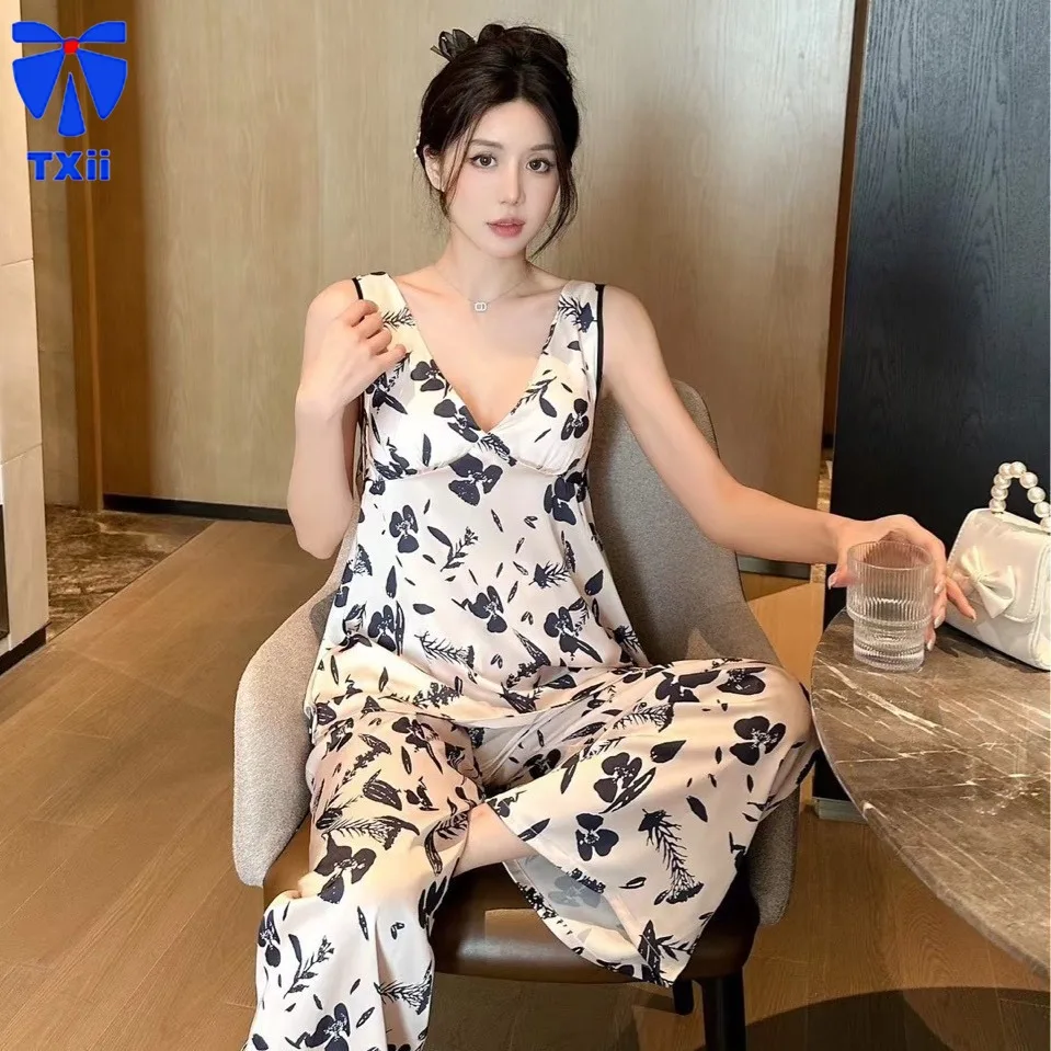 2024 New Spring and Summer Cute Floral Sling Pajamas Three-piece Set Sexy Pure Desire Wind-wearable Ice Silk Home Clothes