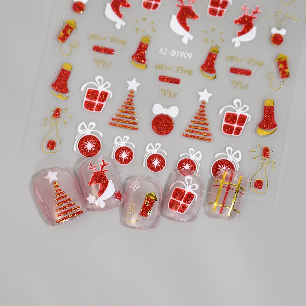 12Pcs 5D Red Glitter Christmas Nail Stickers Santa Claus,Snowman,Snowflake,Elk Adhesive Nail Decals Winter Xmas Manicure Sliders