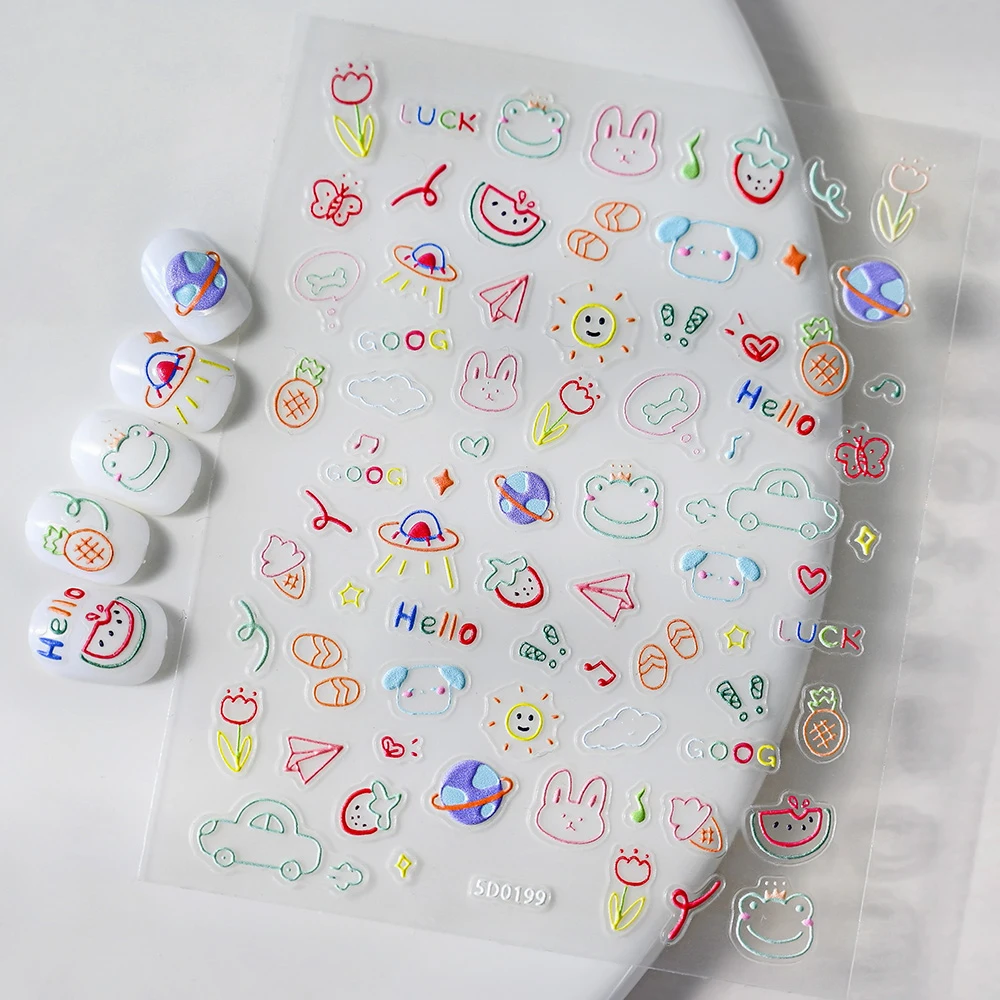 Cute Cartoon 5D Nail Art Stickers Self-adhesive Decals DIY Cute 5D Reliefs Panda/Car/Fruit Pattern Manicure Slider Decoration