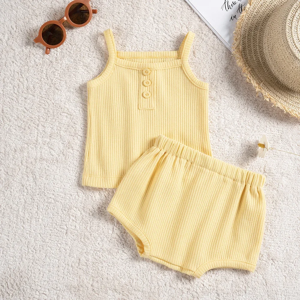 Baby Clothes Sets Summer Toddler Girl Strap Suits Cotton Solid Baby Boy Tops Tee and Shorts Infant Tracksuit Newborn Sets