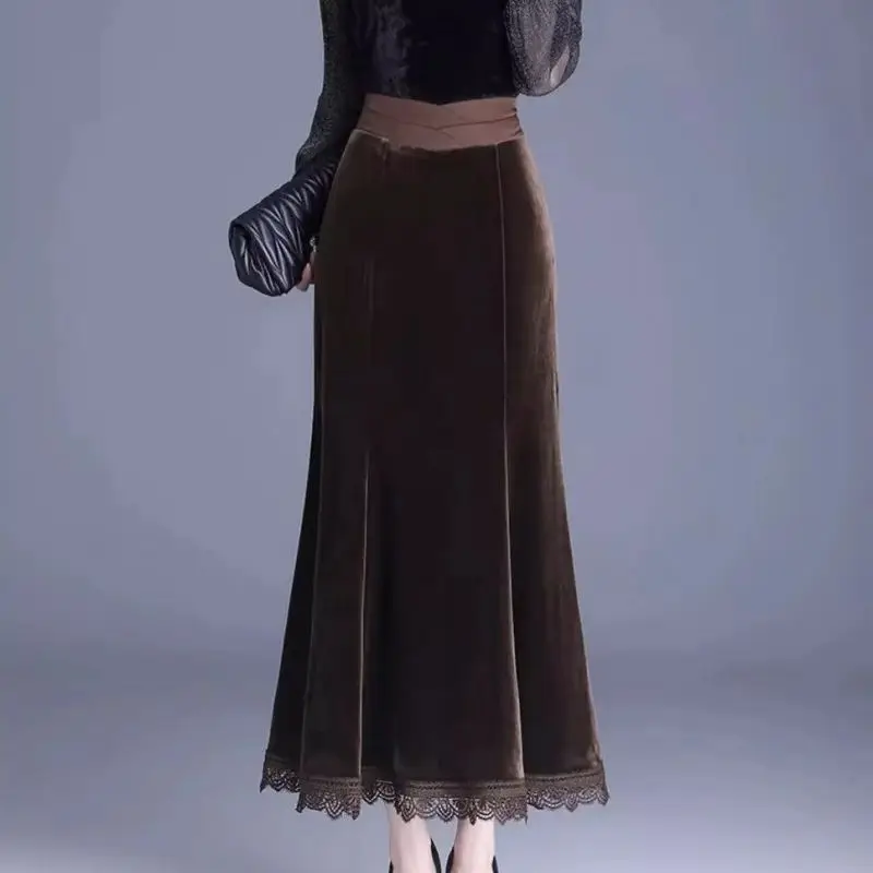 

Новая осенне-зимняя бархатная юбка-русалка, женская кружевная юбка с высокой талией, тонкая элегантная вечерняя длинная юбка, однотонная мода Jupe