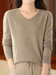 2024 Autumn Winter Women 100% Merino Wool Sweater Casual Basics V-Neck Knitted Pullover Solid Soft Cashmere Clothing Tops