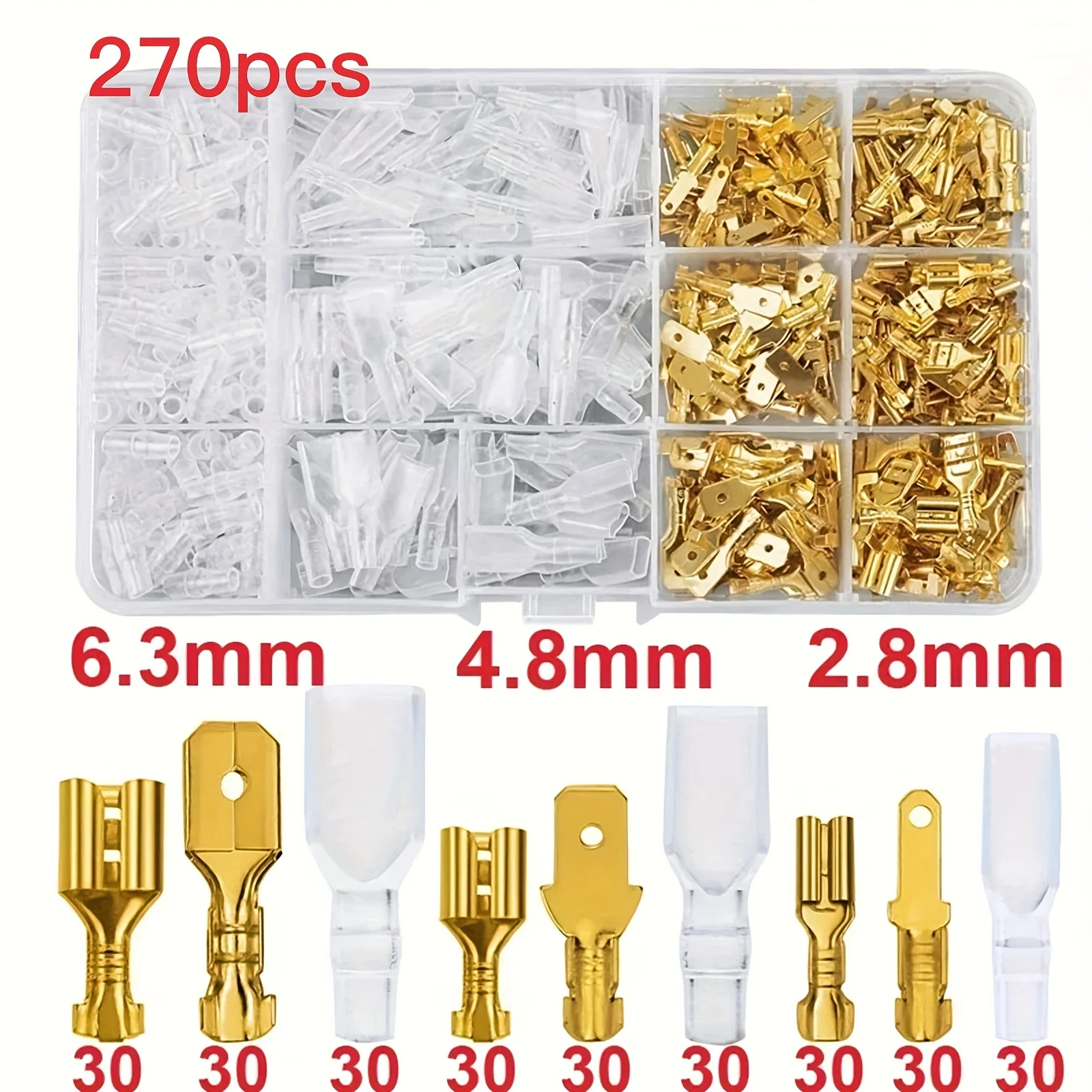 270Pcs 2.8/4.8/6.3mm Insulated Male Female Wire Connector Electrical Crimp Terminals Termin Spade Connectors Assorted Kit Box