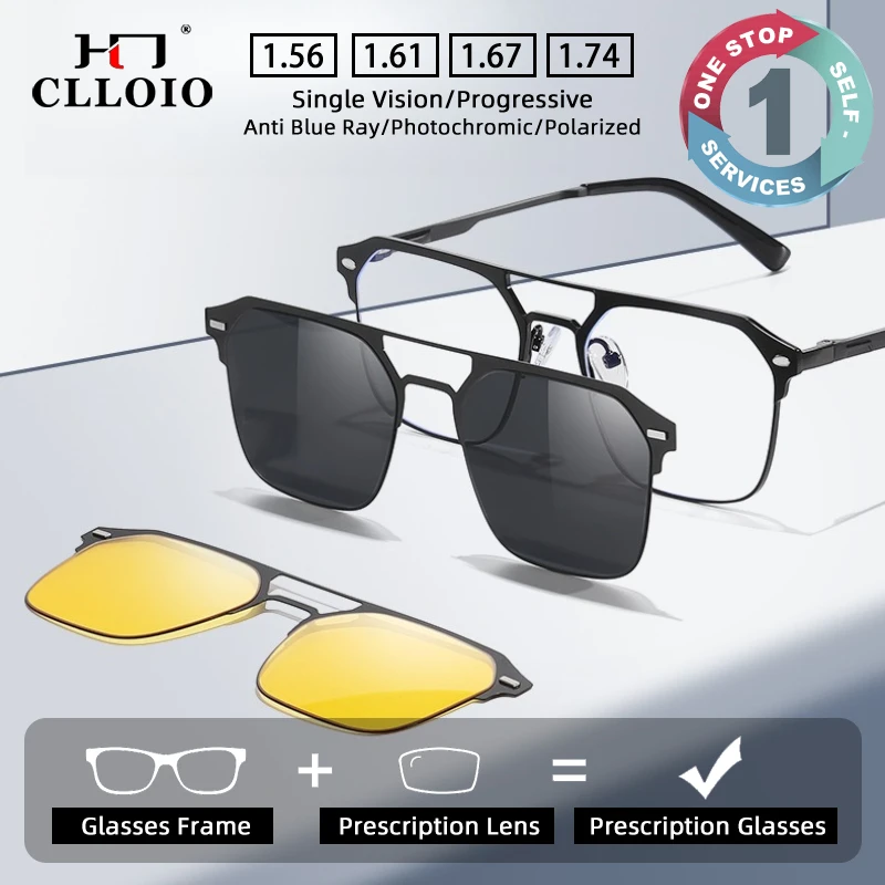 CLLOIO Fashion Aluminum Magnesium 3-in-1 Polarized Magnetic Absorbing Sunglasses Men Prescription Progressive Eyeglasses 7605