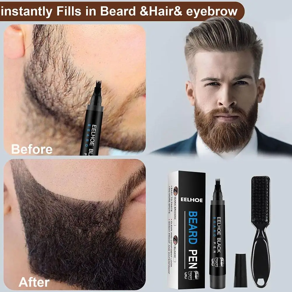 Beard Filling Pen Kit Four Prong Beard Filler Pencil With Beard Brush Waterproof Male Moustache Repair Shaping Coloring Pen