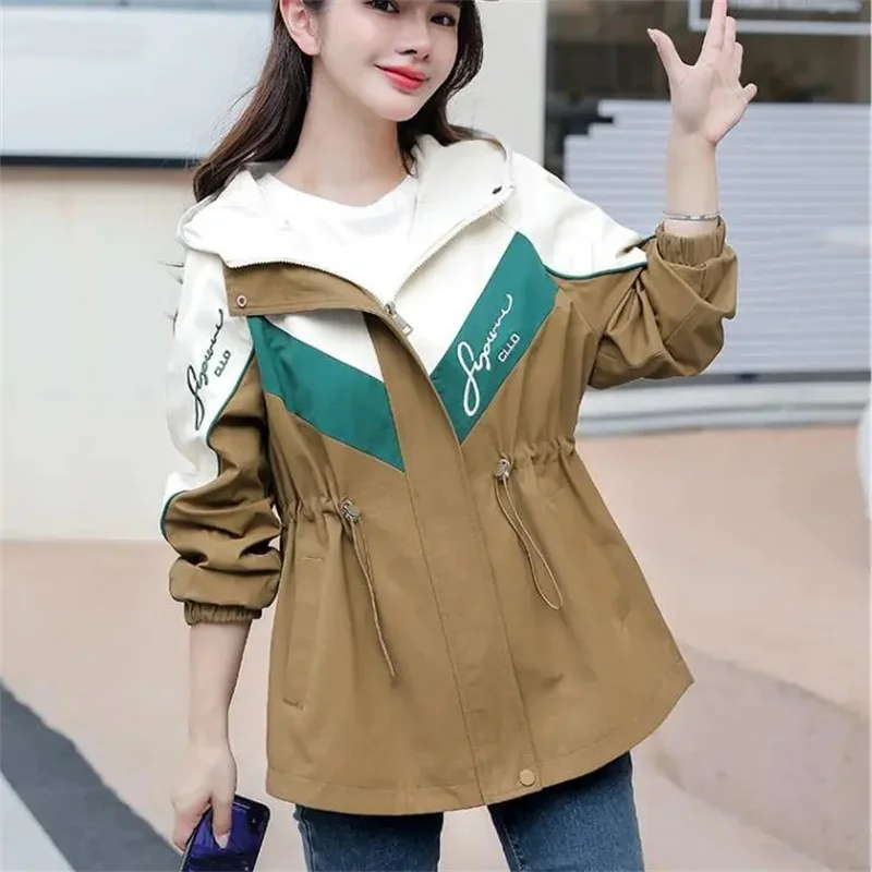 

Coat Women's Contrast Stitching Long Hooded Windbreaker Female Spring Autumn 2023 New Loose Jacket Joker Sportswear Overwear Top