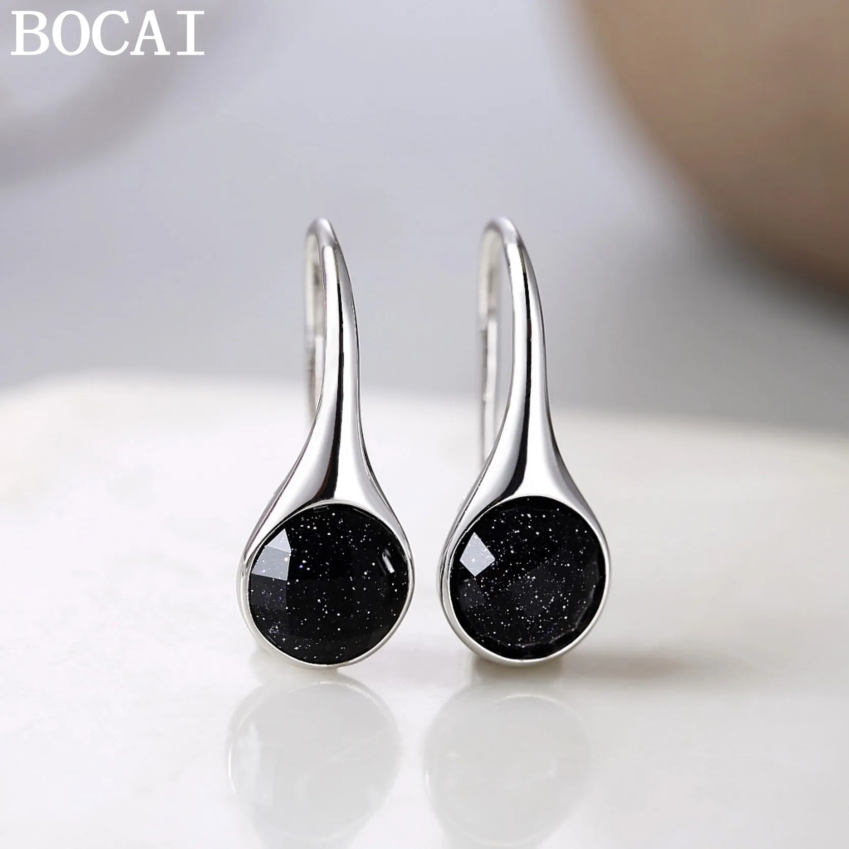 

BOCAI New S925 Sterling Silver Jewelry Fashionable Personality Blue Sandstone Starry Sky Earrings Women's Selected Gift
