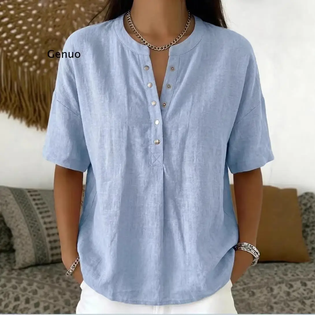 

2026 New Women Fashion Linen Blend Short Sleeve Blouse Casual Henley Neck Shirt for Daily Commute