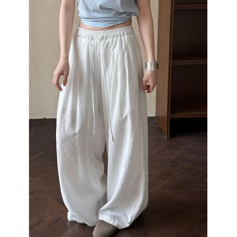 

Women Loose Wide Leg Pants Summer Elastic Darwstring Waist 70%Cotton 30%Ramie Thin Casual Pant