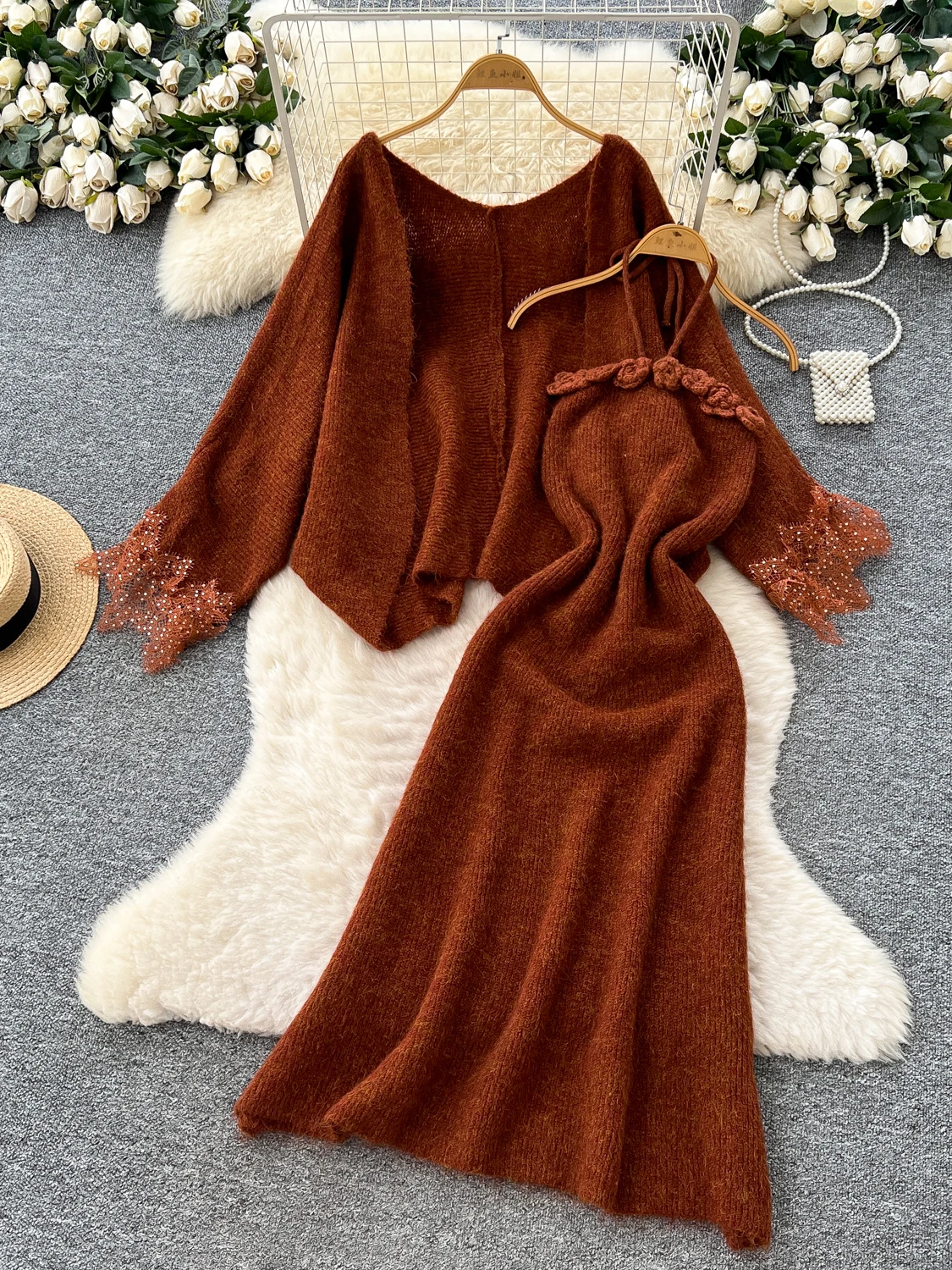 

2026 New Autumn Winter Women Lace Patchwork Long Sleeve Knitted Cardigan Tops + 3D Flower Suspender Dress 2-piece Set
