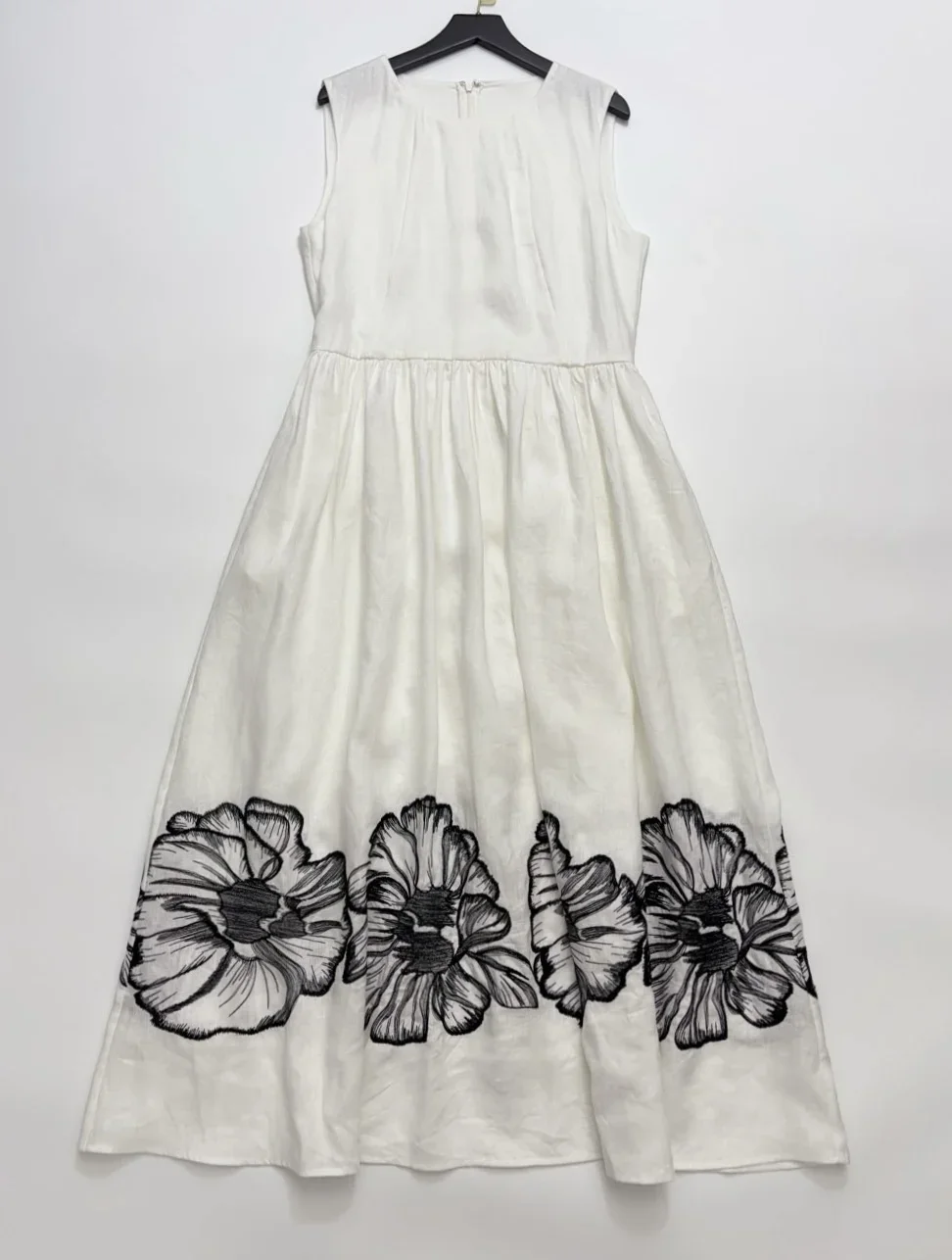 

Ink Flower Embroidery Women Maxi Dress Summer 2025 Round Neck Sleeveless High Waist Vintage Ladies 100% Linen Robe