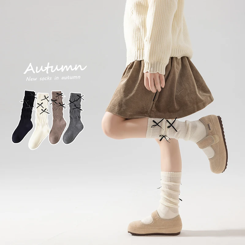 Lovely Girls Spring Autumn Princess Knee‑High Slouchy Socks Delicate Multiple Small Black Ribbon Bows Anti‑Pilling Stretch Socks