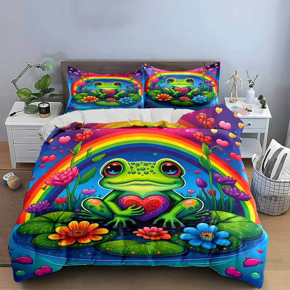 Colorful Frog Decor Set Bedding Set with 1 Duvet Cover 2 Pillowcases Single Double King Queen, Gift