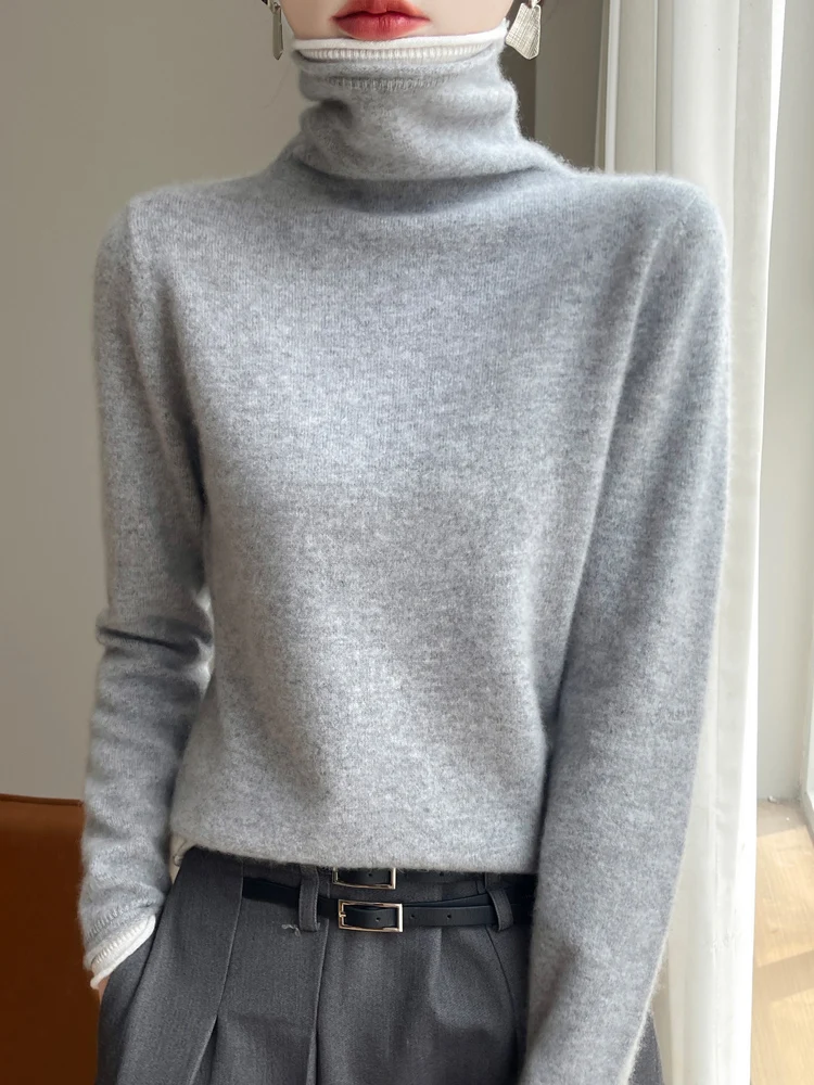 100% Pure Wool Free Collar Sweater Ladies Pile Collar Knitted Pullover Fashion Loose Fake Two Blouses Autumn Winter Base Shirts