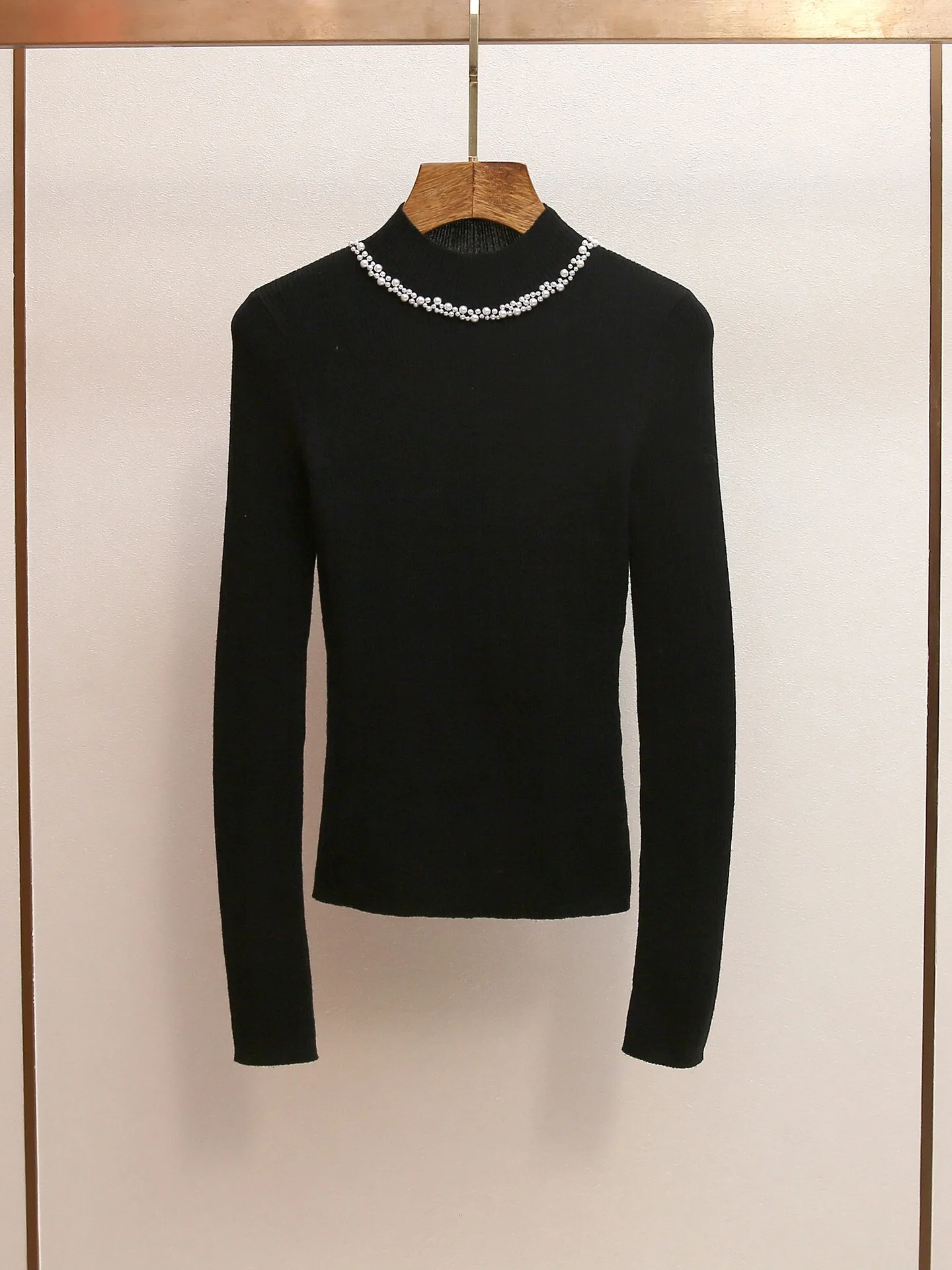

Simplified Elegance Women's Knitted Base Layer Top Pearl Embellished Half High Collar Inner Wear Long Sleeve Fashionable Sweater