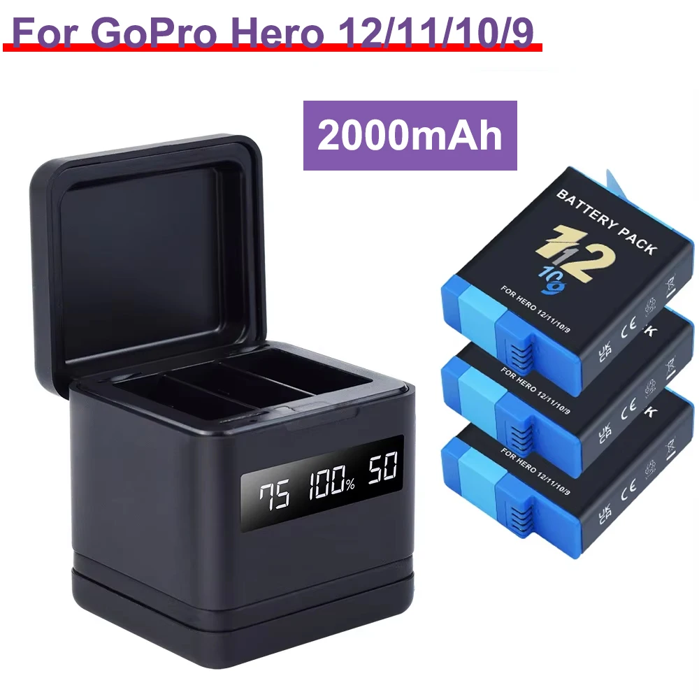 Bateria para GoPro Hero 12 11 para Go Pro 10 9 2000mAh com Carregador USB de 3 Slots para GoPro Hero 12 Black Bateria para Câmera