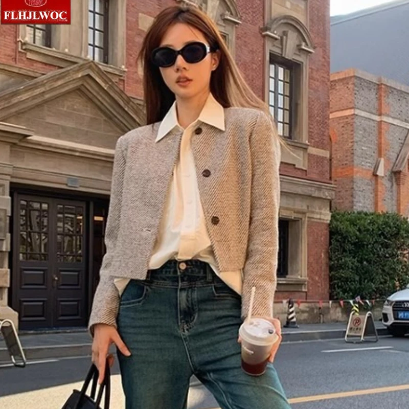 เสื้อโค้ทขนสั้นน่ารัก สไตล์เกาหลี ดีไซน์ญี่ปุ่น แฟชั่นฤดูใบไม้ร่วง สำหรับผู้หญิง ดูสง่างาม เหมาะกับสาวออฟฟิศ ปกคอทรงโอ ติดกระดุม