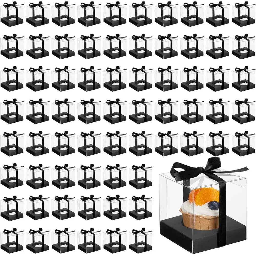 

Clear Plastic Cupcake Boxes with Ribbon, 96-Pack, 3.5 x 3.5 x 3.5, Ideal for Weddings and Birthdays