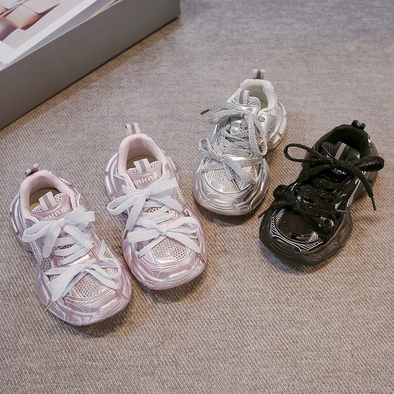 Children Basketball Shoes Shiny Glitter Kids Running Shoes Casual Soft Bottom 2025 Autumn New Students Sneakers Mesh Breathable