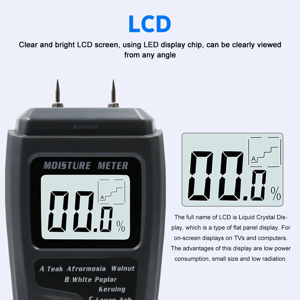 EMT01 Two Pins Digital Wood Moisture Meter 0-99.9% Wood Humidity Tester Timber Damp Detector with Large LCD Display