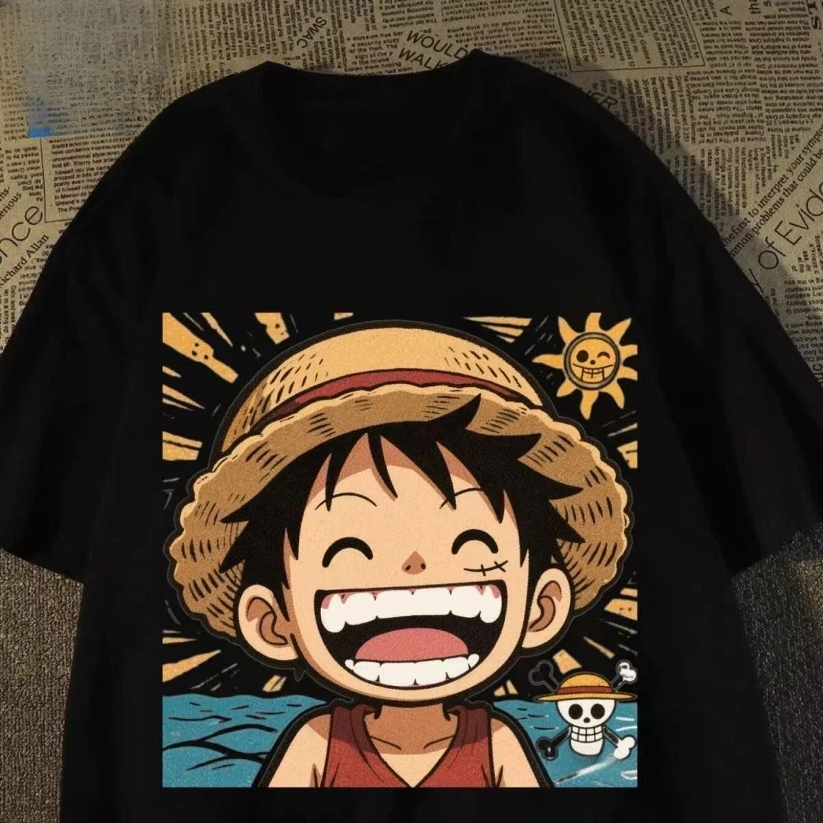 Bandai One One Piece Cartoon Print Round Neck T-Shirt Fashion Couples Matching Plus Size Casual Tops