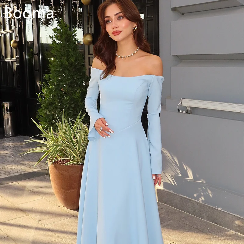 

Booma A-Line Blue Simple Evening Dress Prom Party Dresses Off The Shoulder Elegant Simple Long Bow Prom Gowns Customized