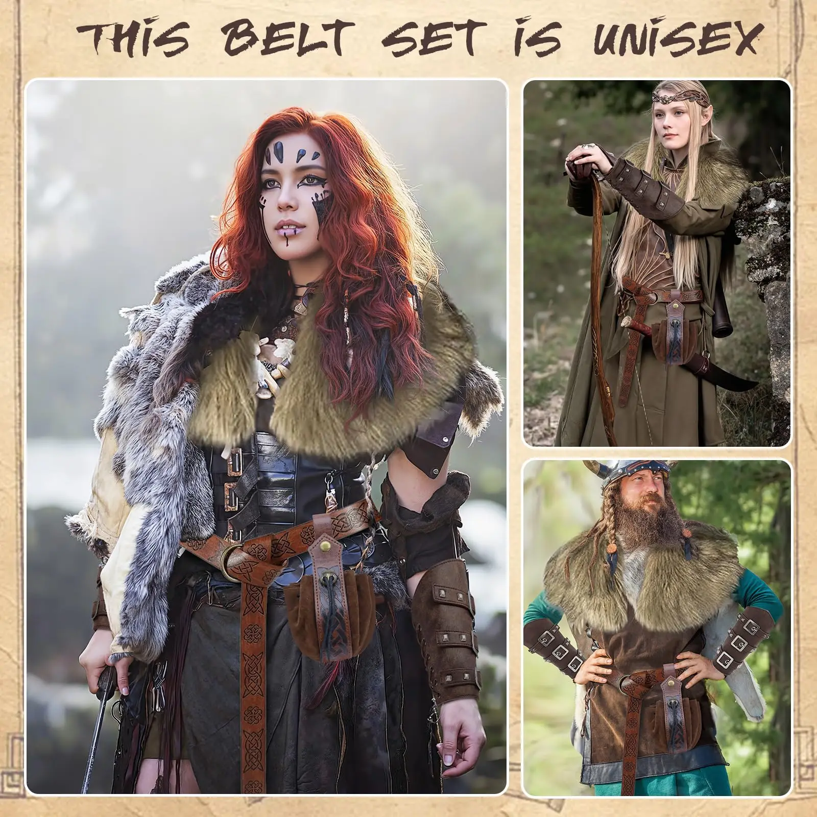 ชุดคอสเพลย์ไวกิ้งสำหรับผู้ชาย ผ้าคลุมไหล่ขนสัตว์เทียม ชุดนักรบ ยุคเรอเนซองส์ เสื้อผ้ายุคกลาง ปลอกแขน ชุดเกราะ สำหรับฮาโลวีน คอสเพลย์ ผู้ใหญ่