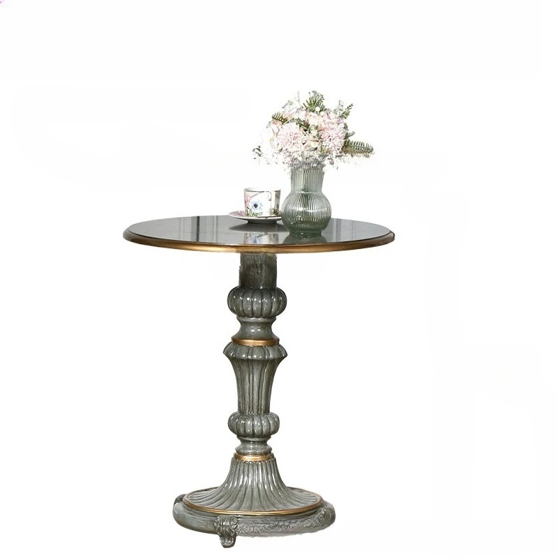 

Nordic solid wood corner, living room household round tea table, retro gold-painted small apartment