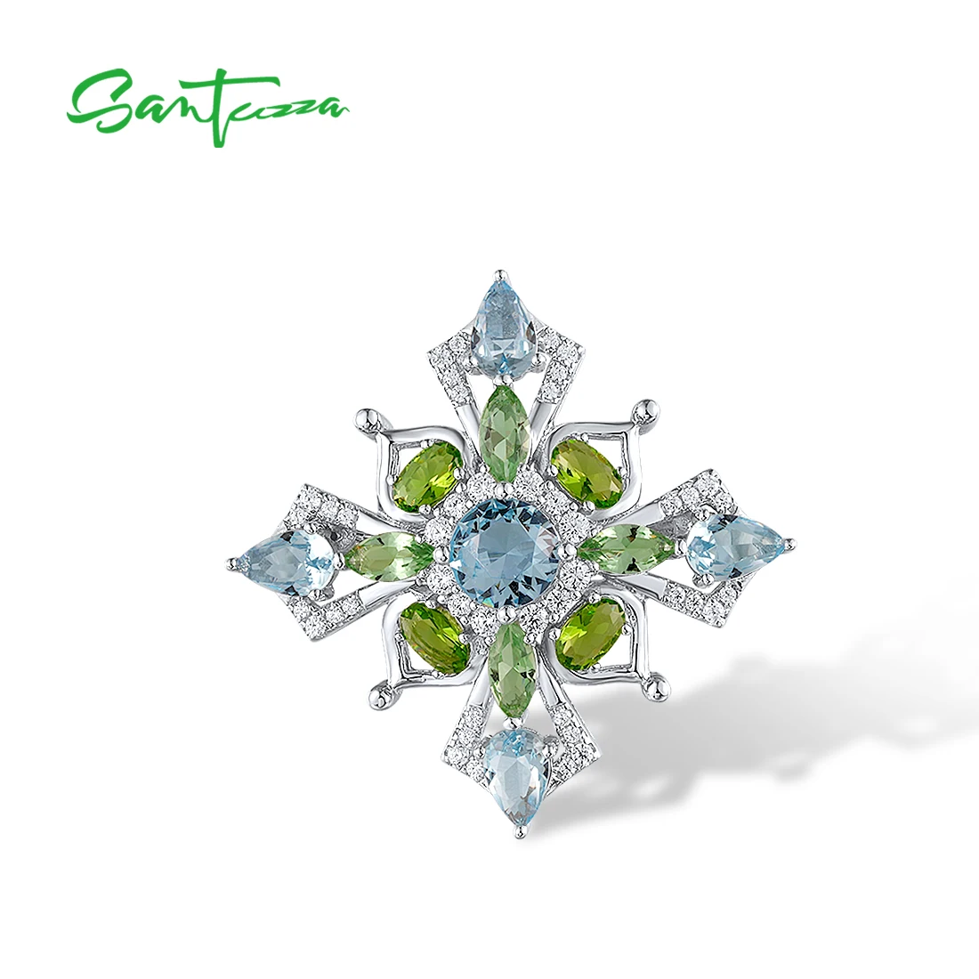 SANTUZZA Genuine 925 Silver Brooch For Women Sparkling Blue & Green Stone Delicate Wedding Party Gifts Fine Jewelry