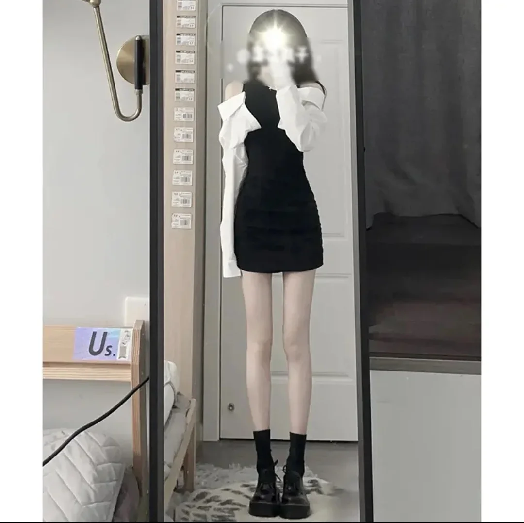 فستان Bodycon Y2k للنساء من فيستدوس دي موجر شيك مزيف اثنين تونك مثير رداء نسائي مكشوف الأكتاف فساتين قصيرة عصرية مثيرة