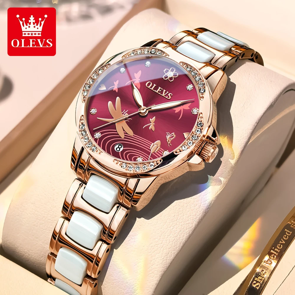 

Бренд OLEVS, модные механические часы для женщин, роскошные часы с керамическим браслетом, водонепроницаемые автоматические часы с люминесцентной подсветкой и датой, женские часы