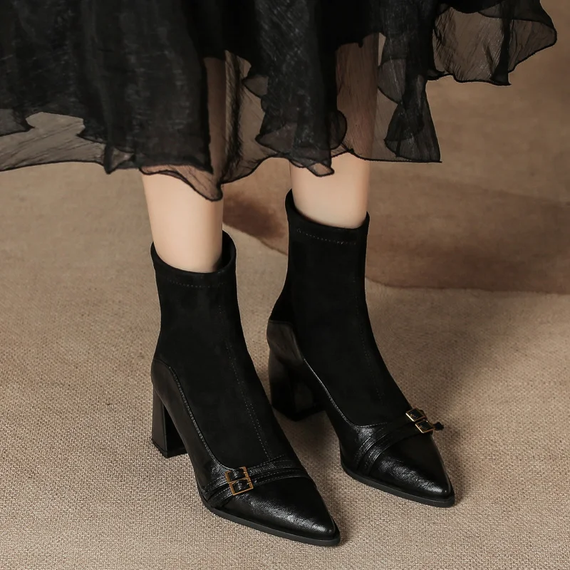 

New Autumn/Winter French Retro Women's Ankle Boots with Chunky Heel, Pointed Toe, Patchwork Design, Chelsea Buckle Strap,